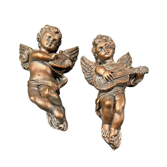 Vintage Other - Vintage Angel Cherub Wall Hanging Plaque Pair 2 Gold Chalk ware Instruments 5"